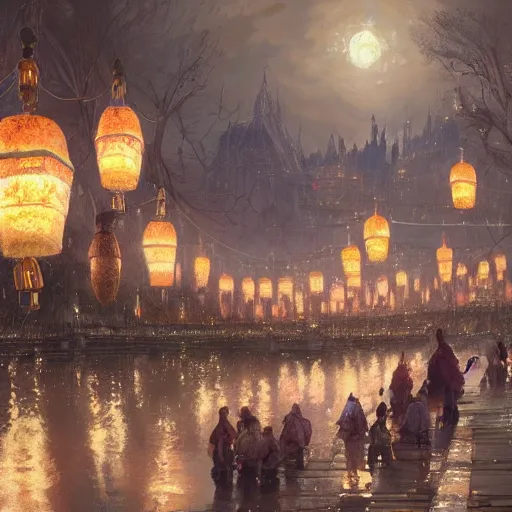 Prompt: concept art, river lanterns on the eve of ullambana festival, high resolution, by james gurney, greg rutkowski, fujishima takeji, hiroshi yoshida, artstation