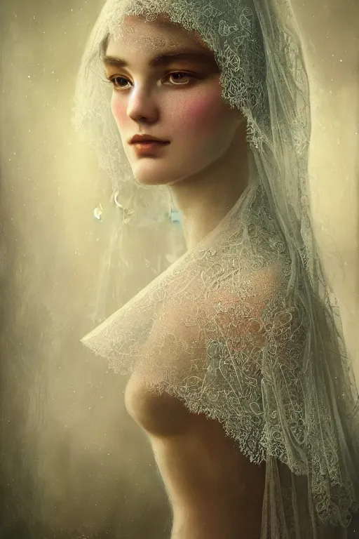 Image similar to a beautiful ultradetailed vintage photo of a veiled cyborg, by tom bagshaw and anna dittman, embroidered lace chapel veil, portrait, vignette, 3 5 mm lens, golden ratio composition, detailed face, studio photography, very detailed, humanoids, industrial robots, artstation, 8 k, highly coherent