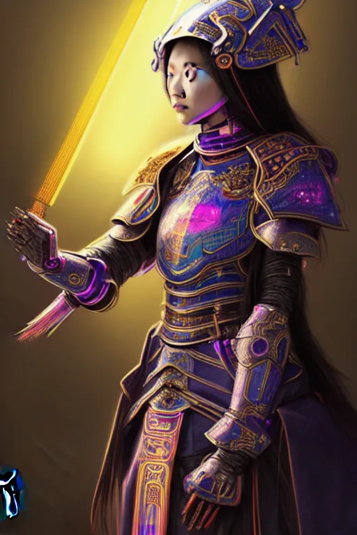 Prompt: beautiful and divine and holy and elite and colorlpunk three kingdom chinese female armor knight portrait like twice tzuyu+shinnyy eyes, ssci-fi, fantasy, neon light, art and illustration by tian zi and craig mullins and WLOP and alphonse mucha, fantasy, intricate complexity, human structure, human anatomy, fantasy character concept, watermark, blurry, hyperrealism 8k