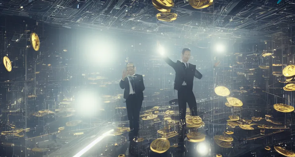 Image similar to Dramatic photo of a CEO waving to a large group of his coworkers in a futuristic office. Golden coins are levitating all around them. 8k, high detail, trending on Artstation, volumetric lighting, cyberpunk