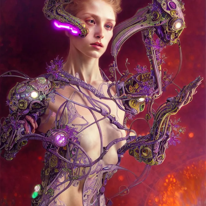 Prompt: psychedelic organic cyborg, orchid, diffuse lighting, fantasy, intricate, elegant, highly detailed, lifelike, photorealistic, digital painting, artstation, illustration, concept art, smooth, sharp focus, art by John Collier and Albert Aublet and Krenz Cushart and Artem Demura and Alphonse Mucha