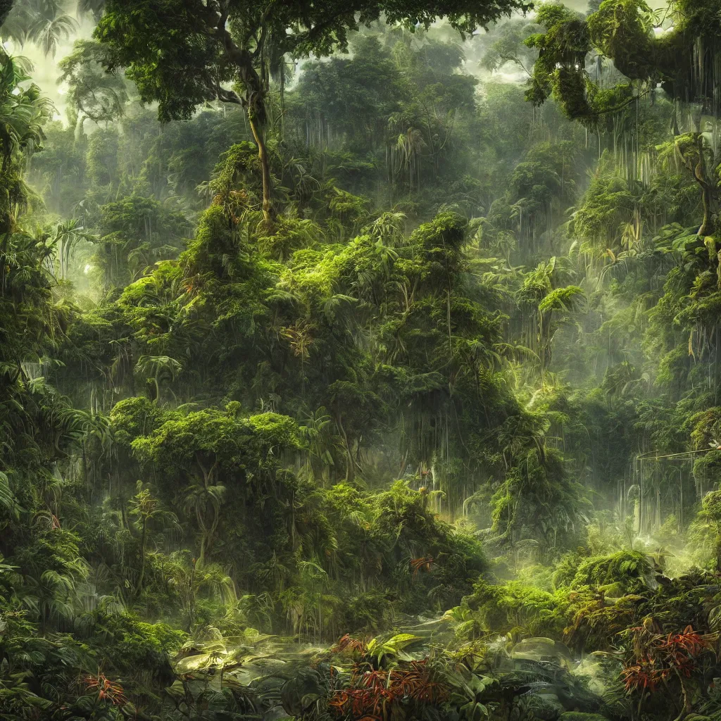 Image similar to painting of a jungle scene on an alien planet by vincent bons. ultra sharp high quality digital render. detailed. beautiful landscape. weird vegetation. water.