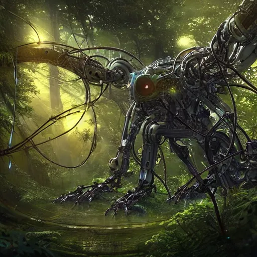 Image similar to large mechanical creature with robotic parts and glowing eyes in ethereal forest with vines hanging from the trees, glowing fireflies scattered, desaturated, mystical, sharp focus, highly detailed, artgerm, cgsociety