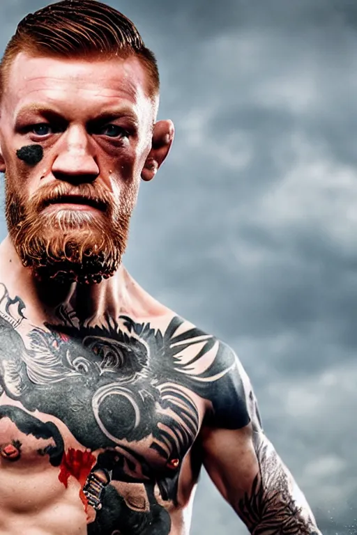 Image similar to connor mcgregor as kratos, 8 k, hdr, great light, gustave courbet, annie leibowitz