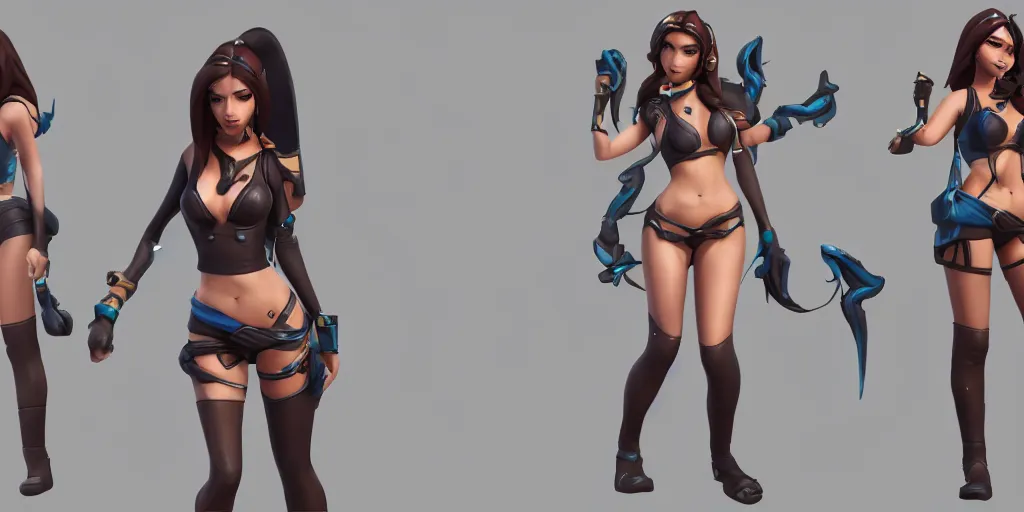 Image similar to rendered character sheet of Pool party Caitlyn in the game League of Legends, unreal engine 53d trending on art station