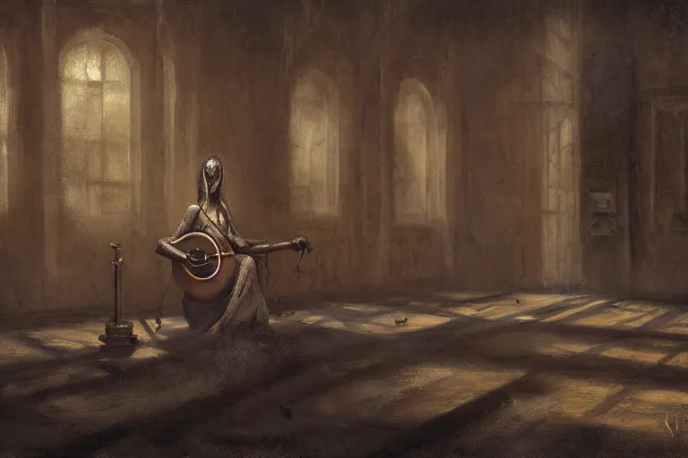 Image similar to still life painting, musical instument alone - a lute with smoke wisping up from its smoldering string, cursed baroque with ebony inlay, designed by brian froud and hr giger leans against the wall alone, abandoned. an empty brutalist chamber, lonely, somberlate afternoon lighting cinematic fantasy painting by jessica rossier