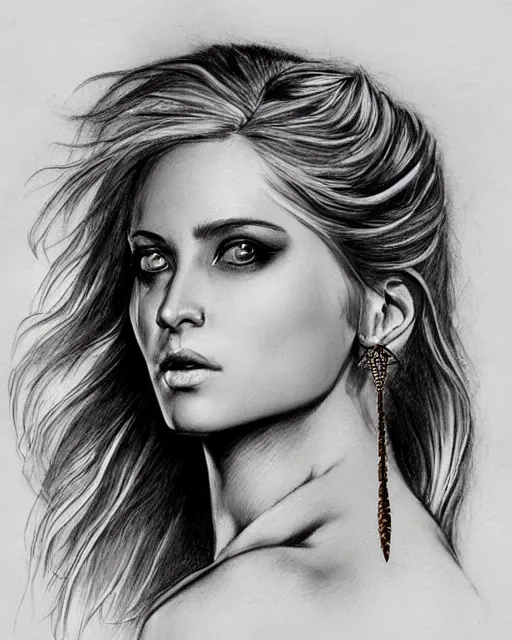 Image similar to tattoo sketch of beautiful greek goddess aphrodite with arrowhead earrings, beautiful feather jewelry, beautiful piercing eyes, flowing blonde hair, realistic face, hyper realistic, in the style of greg rutkowski, fantasy, amazing detail, epic, elegant, smooth, sharp focus, from the front
