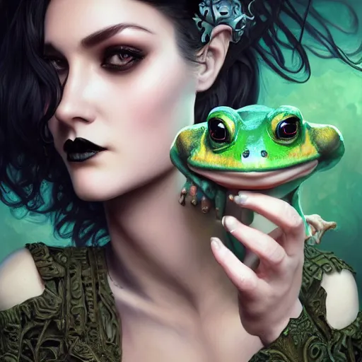 Image similar to attractive goth woman with a frog, intricate, highly detailed, digital painting, artstation, concept art, smooth, sharp focus, illustration, unreal engine 5, 8 k, art by artgerm and greg rutkowski and alphonse mucha