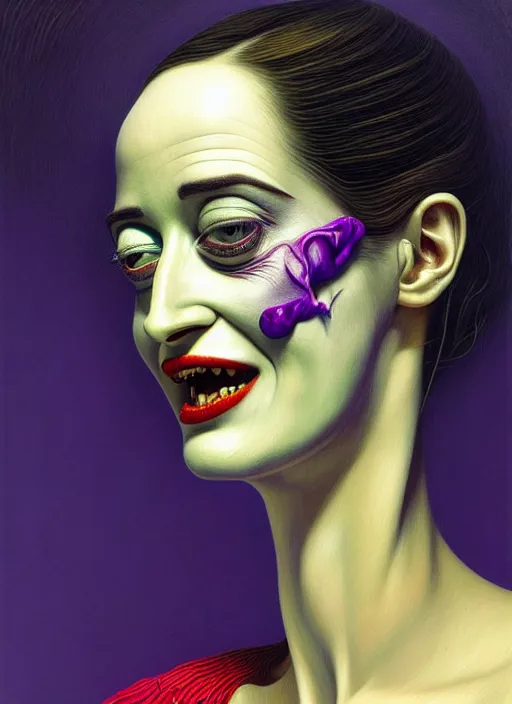 Image similar to hyper detailed 3d render like an Oil painting - Portrait of eva green tongue in cheek by Jacek Yerka, Mariusz Lewandowski, Houdini algorithmic generative render, Abstract brush strokes, Masterpiece, Edward Hopper and James Gilleard, Zdzislaw Beksinski, Mark Ryden, Wolfgang Lettl, hints of Yayoi Kasuma, octane render, 8k