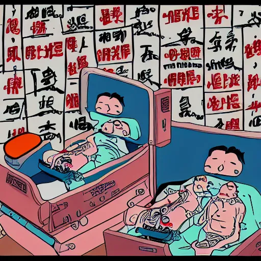 Image similar to chinese surgery operating table, in the style of daniel johnston and outsider art, 8k, line brush, overlaid with chinese adverts