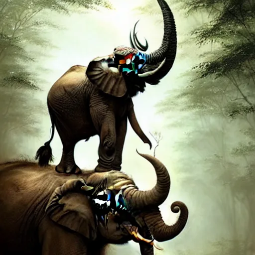 Prompt: a viking riding an elephant in a jungle, digital art, art by greg rutkowski, artstation, deviantart, highly detailed, photorealistic, fantasy art, clean, western comic art, award winning commission
