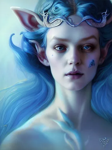 Image similar to the elven queen with blue skin by james jean, charlie bowater, tom bagshaw, nikolay makovsky, melanie delon : : enchanting, ethereal, magical, glowing, sparkle, prismatic, portrait, character design, illustration, hyperrealism, photorealism, digital art, concept art, fantasy, whimsy, weta, wlop, artstation