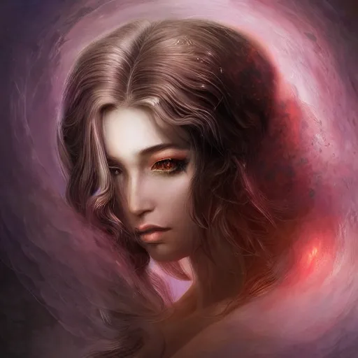 Image similar to head and shoulders portrait of an angelic creature, dark fantasy, mystic, abstract background, feminine beauty, elegant, intricate, face, medium shot, trending on artstation, volumetric light, by Fernanda Suarez and Karol Bak