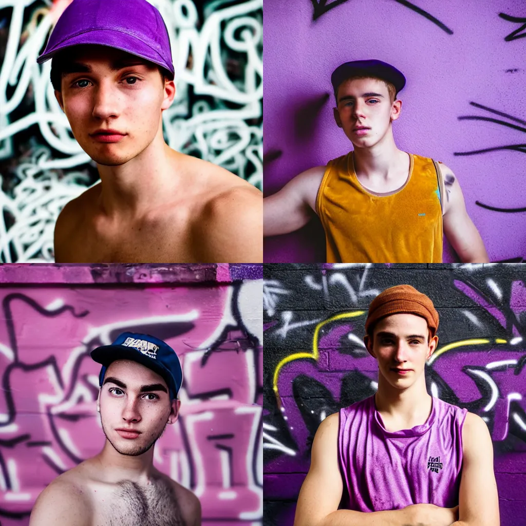 Prompt: portrait of a handsome boy ( university student ) with light freckles wearing a violet velour basecap and tanktop, looking shyly into the camera for a cover of a gay print magazine, f 1. 4, award winning photograph, experimental lighting, soft focus, city + graffiti background