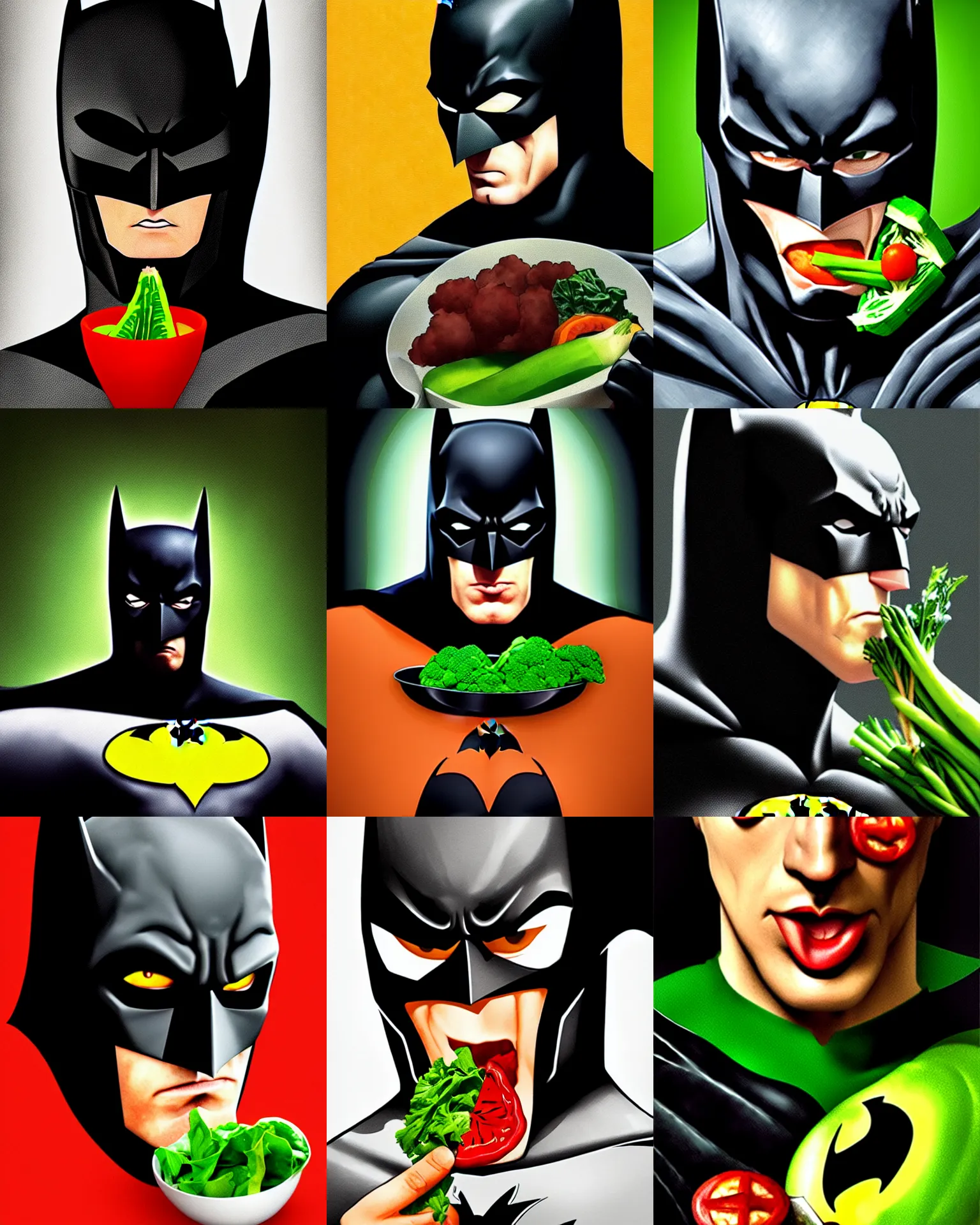 Image similar to A stunning portrait of Batman eating vegetable, masterpiece, Trending on Artstation, 8K