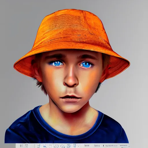 Prompt: a detailed portrait of a boy with blue eyes and blonde hair wearing an orange bucket hat, art illustration, incredibly highly detailed and realistic, 8 k, sharp focus