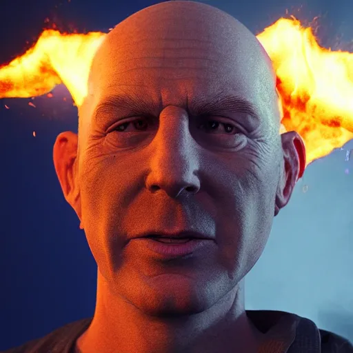 Image similar to an artstation trending portrait painting of a bald english man on fire, octane render