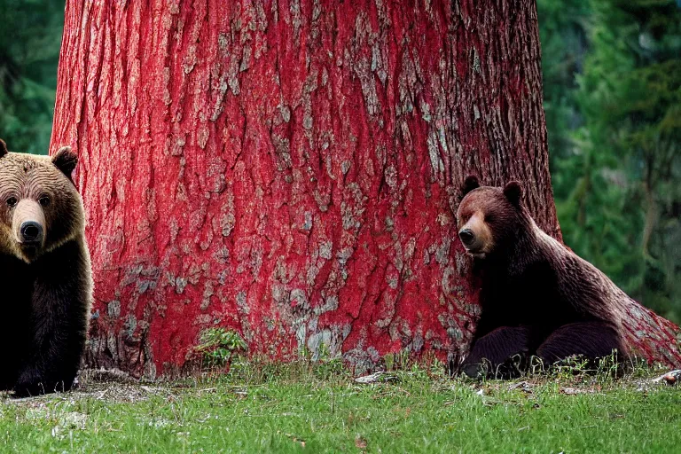 Prompt: grizzly wearing a red shirt sitting outside big tree with a red door by Roger Deakins