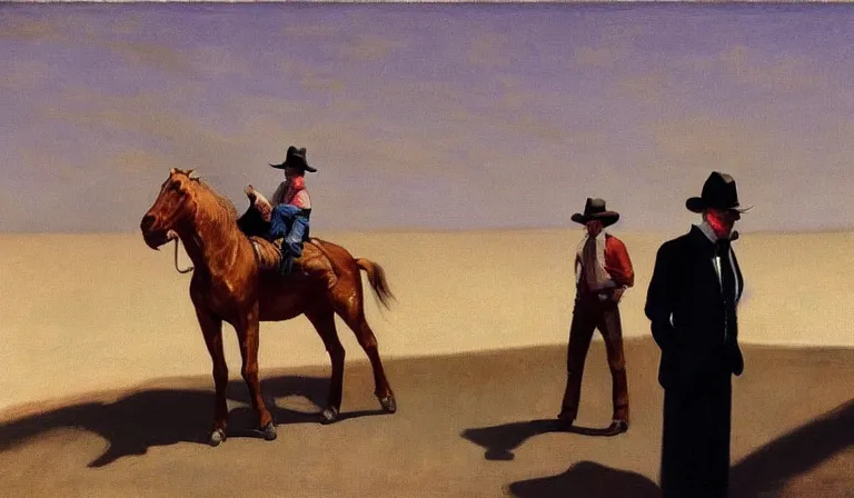 Prompt: Bodacious cowboys such as your friends will never be welcome here high in the clusterdome, by Edward Hopper