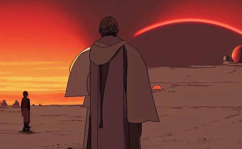 Image similar to luke skywalker looking at tatooine two suns sunset by ghibli