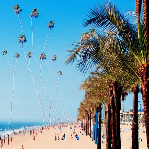 Image similar to a line of palm trees floating in sky over a santa monica beach, line of palm trees floating in sky recedes into distance, line of palm trees floats upright into blue sky, california