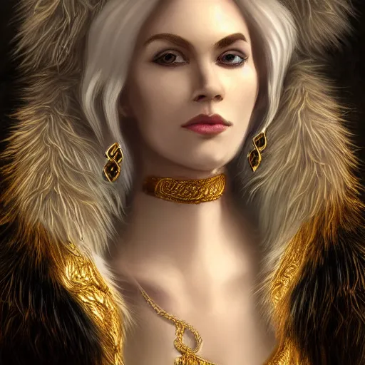 Image similar to portrait of a white human panter with a very long fur and gold jewelry, fantasy, trending on artstation, heroic pose, illustration, highly detailed, simple, 8k