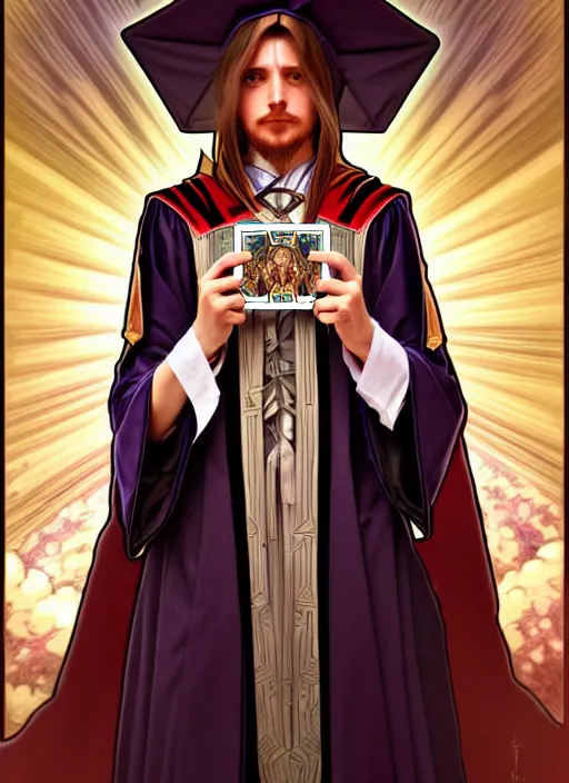 Image similar to overlord, wearing an academic gown, tarot card, highly detailed, deep focus, elegant, digital painting, smooth, sharp focus, illustration, ultra realistic, 8 k, art by artgerm and alphonse mucha