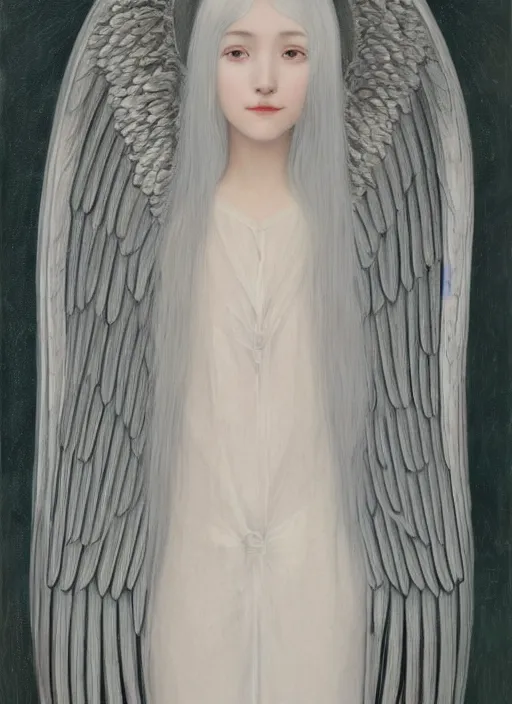 Image similar to tall thin young wan beautiful angel, silver hair so long, pale!, long silver hair, silver angel wings, wan adorable korean face, silver hair!!, style of fernand khnopff and lucien levy - dhurmer, oil on canvas, 4 k resolution, aesthetic!,