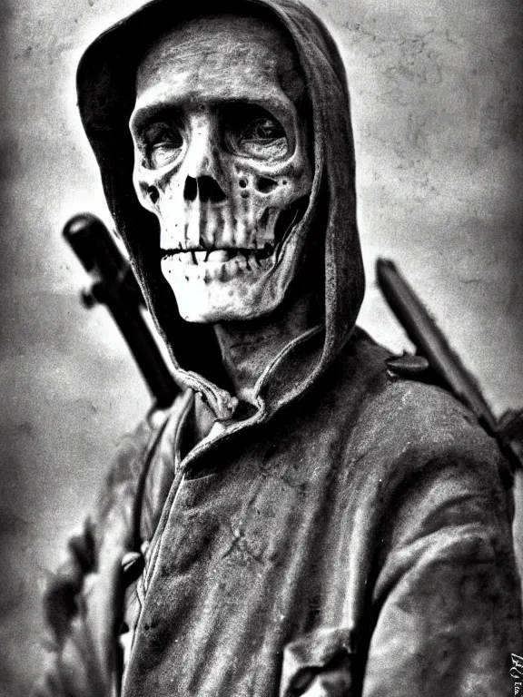Prompt: portrait of grim reaper on the battlefield, ww1 photo, grainy, high detail, high resolution,