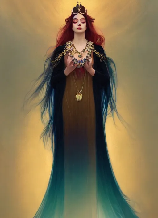 Prompt: ombre velvet gown, beautiful elegant bird woman, portrait, dramatic light on face, long hair, tiara, dozens of jeweled necklaces, by greg rutkowski, brom, anato finnstark, alphonse mucha