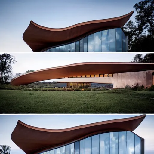 Image similar to This new and unique house exterior is inspired by the majestic, soaring form of an eagle in flight. The front façade features several large windows arranged in a sweeping curve. photo.