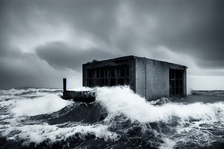 Image similar to high key lighting, ighting storm, danila tkachenko, photograph of an abandoned soviet building block in the middle of the ocean, big waves. dramatic lighting