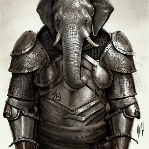 Prompt: elephant wearing medieval suit of armor, illustration, concept art, art by wlop, dark, moody, dramatic