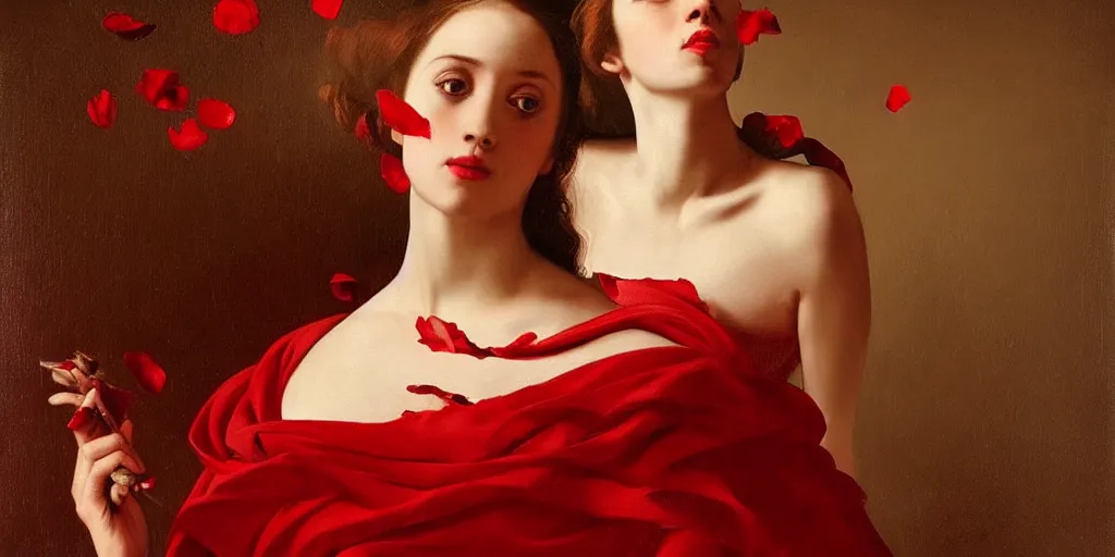 Prompt: beautiful oil matte portrait painting, woman in a red dress covered in rose petals, wonderful masterpiece highly detailed, beautiful cinematic light deep focus, elegant, digital painting, smooth, sharp focus, golden ratio, dramatic illumination, ultra realistic, 8 k, art by artemisia lomi gentileschi and caravaggio