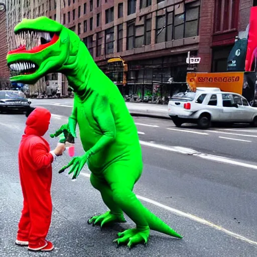 Image similar to a dinosaur staring at a person in a dinosaur costume, in the middle of a road in new york.