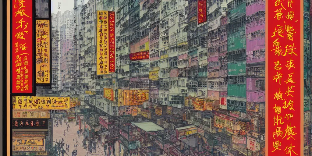 Image similar to a window view onto a street of shops in hong kong, by dan mumford and peter doig and edward hopper, minimal, black in, thick lines highly detailed, muted colours, overlaid with chinese adverts, 8 k