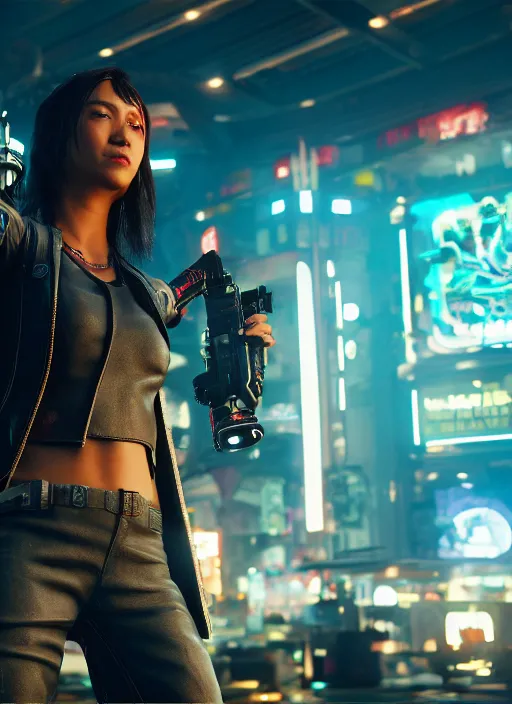 Image similar to film still of Kathryn Celestre as Johnny Silverhand in Cyberpunk 2077, gameplay, 8k, HD