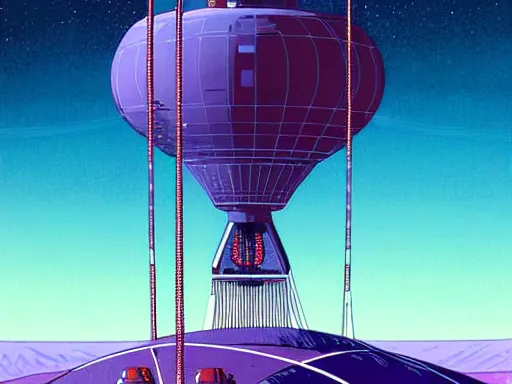 Image similar to a scifi illustration, hyper detailed external view of a space elevator. cinematic wide angle composition. flat colors, limited palette in FANTASTIC PLANET La planète sauvage animation by René Laloux