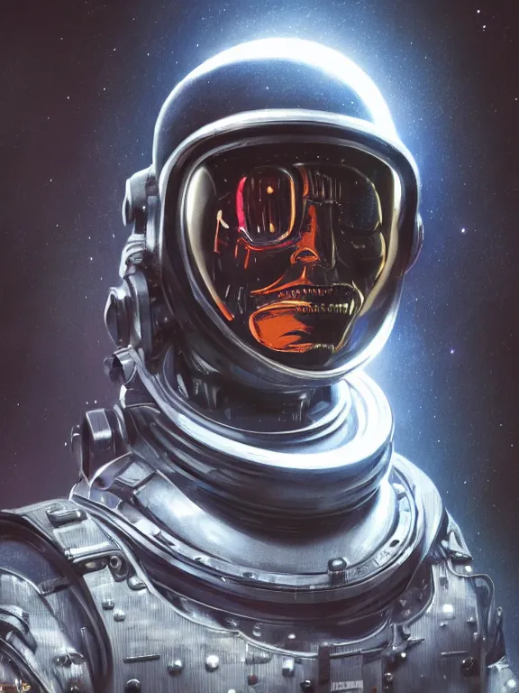 Image similar to portrait art of 8k ultra realistic retro futuristic terminator astronaut helmet, lens flare, atmosphere, glow, detailed,intricate,blade runner, cybernetic, full of colour, cinematic lighting, trending on artstation, 4k, hyperrealistic, focused, extreme details,unreal engine 5, cinematic, masterpiece, art by ayami kojima, giger