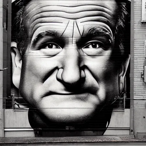 Prompt: robin williams street art mural by haruki murakami : 1 high contrast, hard edges, matte painting, geometric shapes, masterpiece : 1