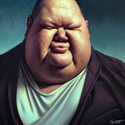 Image similar to hyper realistic, close up portrait of a disgusting fat slob by greg rutkowski, scott m fischer, artgerm, loish, atmospheric, anne stokes, alexandros pyromallis