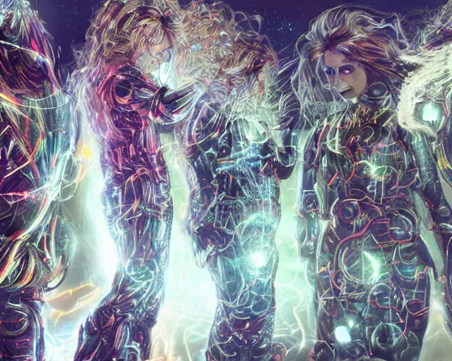 Image similar to glowing hair, complex cybernetic beings, beautiful hairy humanoids, cybermagnetosphere, cybernetic civilizations, ornate hair, love, joy, vortexes, large arrays, data holograms, 8 k, cinematic light shadows, wet hdr refractions, *, * * *, * * * * *