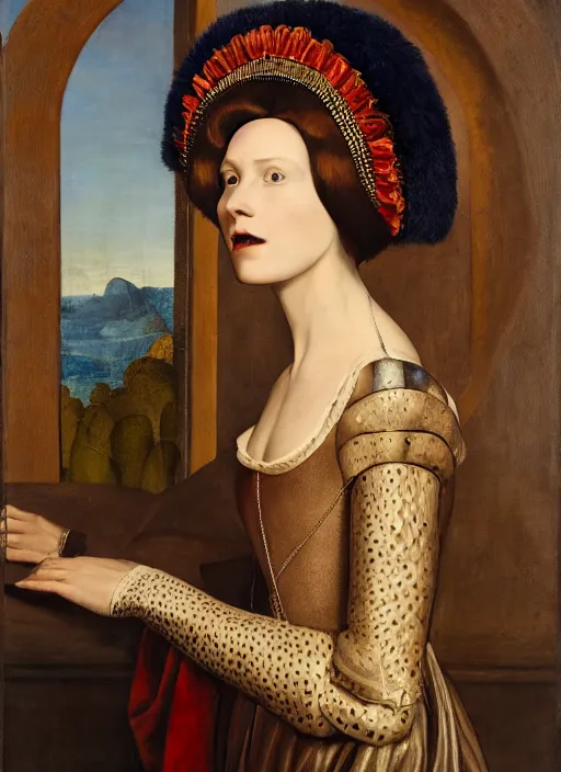 Image similar to portrait of young woman in renaissance dress and renaissance headdress, style by the ex machina