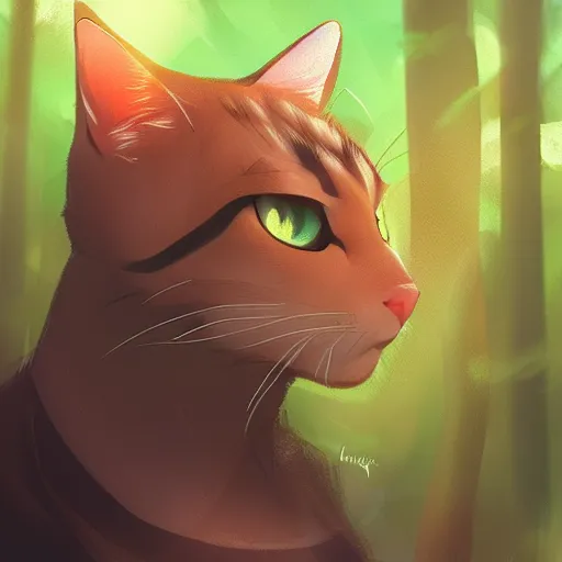 Image similar to a portrait of a cat in the forest, trending on artstation, trending on furaffinity, digital art, by kawacy, anime, furry art, warm light, backlighting, cartoon, concept art