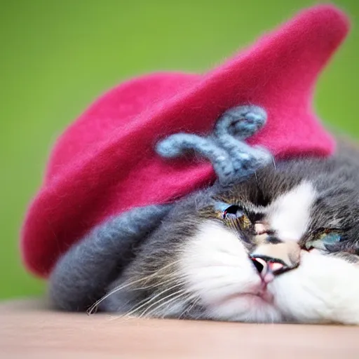 Image similar to cute cat photo wearing wool hat doing mlem cat ears