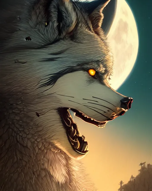 Image similar to highly detailed surreal vfx portrait of a samurai wolf in front of a full moon, stephen bliss, unreal engine, greg rutkowski, loish, rhads, beeple, makoto shinkai and lois van baarle, ilya kuvshinov, rossdraws, tom bagshaw, alphonse mucha, global illumination, detailed and intricate environment