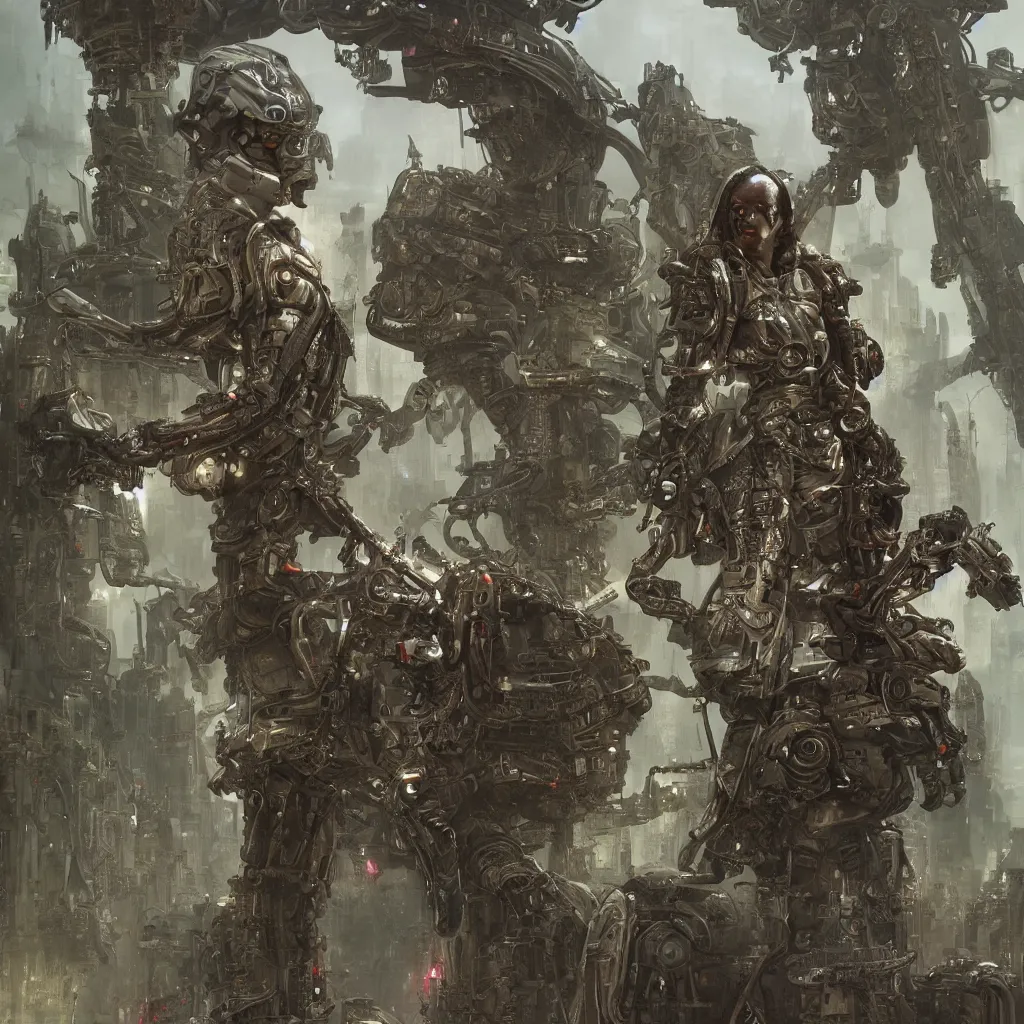 Image similar to Futuristic female soldier in armour standing in a machine city with alien plants, highly detailed, fractals, ornate, cinematic, 8k, by Stanley Artgermm, Tom Bagshaw, Greg Rutkowski, Carne Griffiths, Ayami Kojima, Beksinski, Giger, trending on DeviantArt, hyper detailed, full of color, digital art,