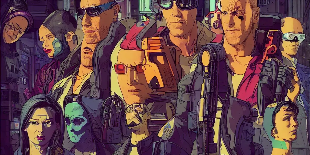 Image similar to cyberpunk heist crew. portrait by stonehouse and mœbius and will eisner and gil elvgren and pixar. character design. realistic proportions. dystopian. cyberpunk 2 0 7 7 character art, blade runner 2 0 4 9 concept art. cel shading. attractive face. thick lines. hi def 4 k. the team. detailed interesting characters. realistic expressive faces.