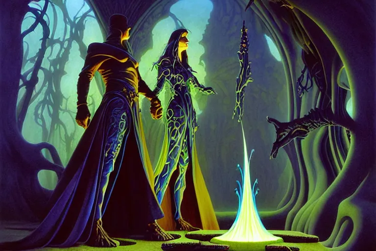 Prompt: the female arcanist and the male artificer by michael whelan and roger dean and brom and hubert robert and greg staples and donato giancola, beautiful, flowing magical robe, highly detailed, hyperrealistic, intricate, energy, electric, blue flame, low light, green crystal, high contrast, old and young, lifelike