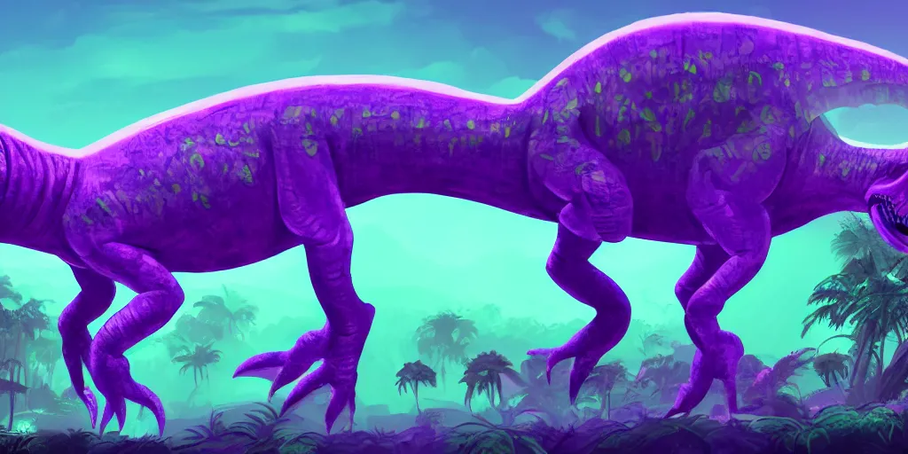 Image similar to spectral purple neon dinosaur, green jungle background, detailed, ultrawide landscape, concept art